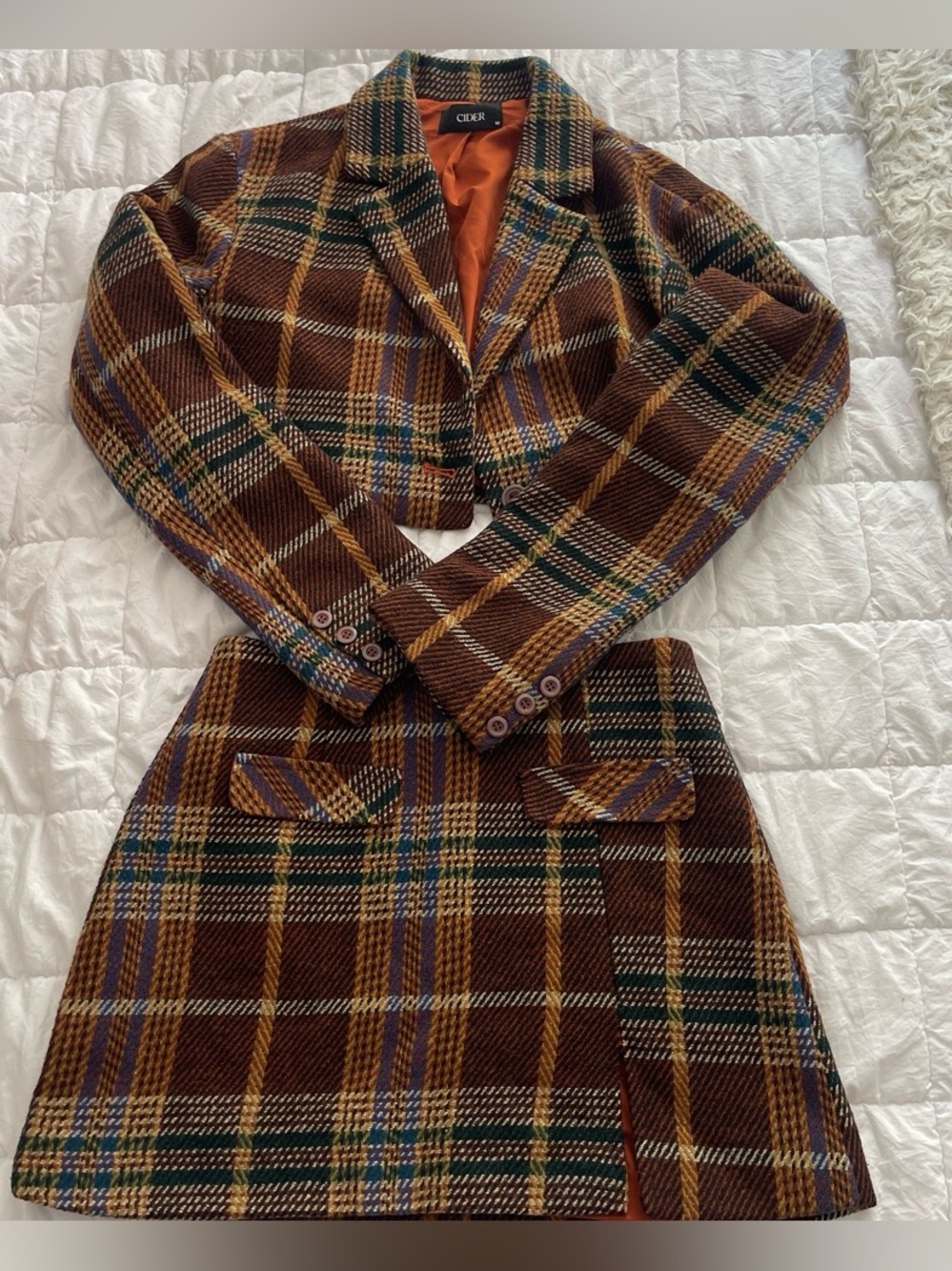 Cider Brown Plaid Blazer & Skirt Set
